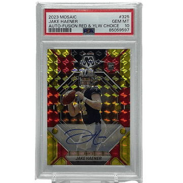 2023 Panini Mosaic Jake Haener #325 Rookie Autograph Red & Yellow Choice PSA 10