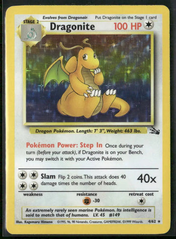 1999 Pokemon Fossil Unlimited Holofoil Dragonite 4/62 LP