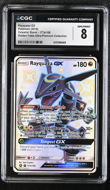2019 Pokemon Celestial Storm Rayquaza GX Hidden Fates UPC CGC 8 177a/168