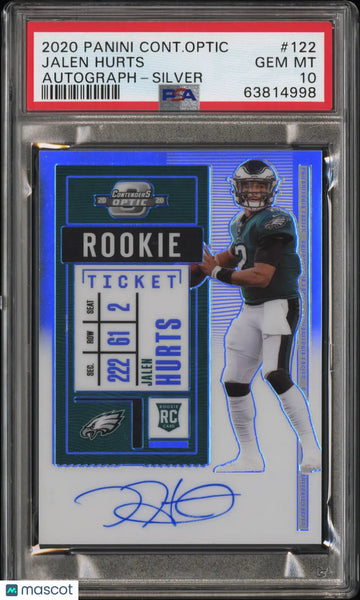 2020 Panini Contenders Optic Jalen Hurts RC Rookie Ticket Auto Silver PSA 10