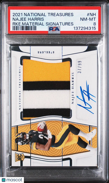 2021 Panini National Treasures Rookie Material Patch Auto Najee Harris /99 PSA 8