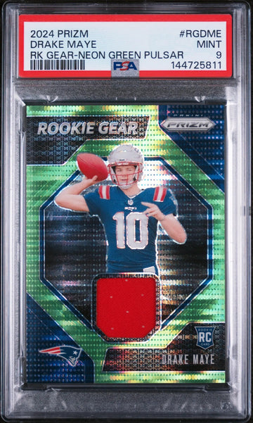 2024 Panini Prizm Rookie Gear Patch Drake Maye Neon Green Pulsar RC PSA 9