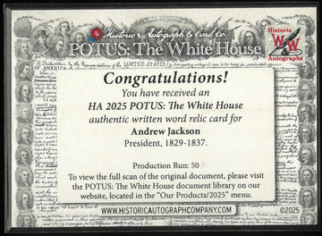 2025 Historic Autograph POTUS: The White House Written Word Relic Andrew Jackson President