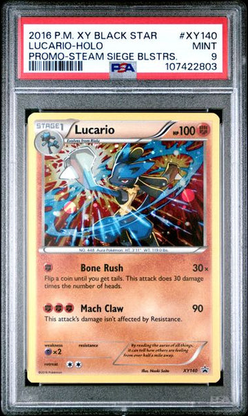 2016 POKEMON XY BLACK STAR PROMO LUCARIO-HOLO PROMO-STEAM SIEGE BLSTRS #XY140 PSA 9