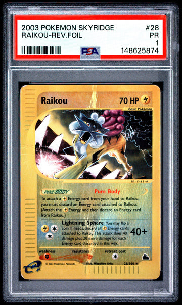 Raikou Reverse Holo PSA 1 2003 Pokemon Skyridge #28 POP 3