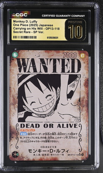 CGC 10 RPISTINE Japanese One Piece 2025 Monkey Luffy OP13-118 WANTED ALT ART