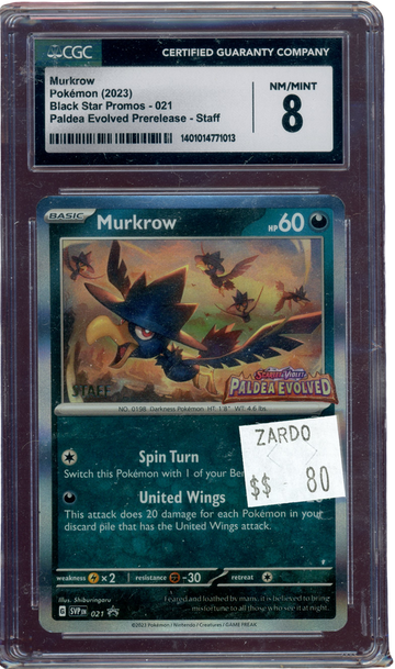 CGC 8 MURKROW STAFF PALDEA EVOLVED PRERELEASE