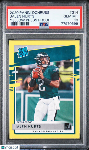 Jalen Hurts #314 Yellow Press Proof PSA 10 2020 Panini Donruss Rated Rookie RC