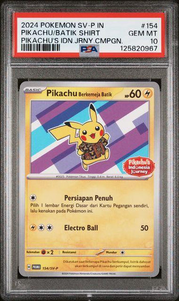2024 POKEMON INDONESIAN SV-P PROMO #154 PIKACHU/BATIK SHIRT PIKACHU'S IDN.JRNY.CMPGN. PSA 10