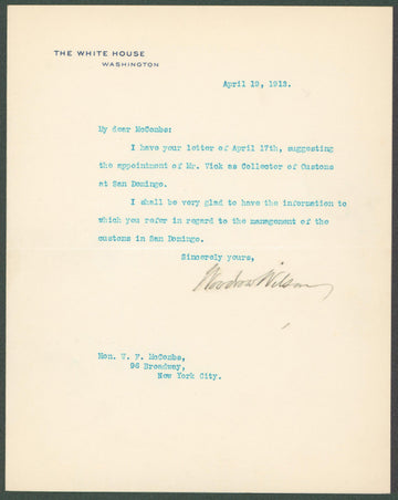 Woodrow Wilson Authentic Signed 7x8.8 Letter Dated April 19, 1913 BAS #AB14533