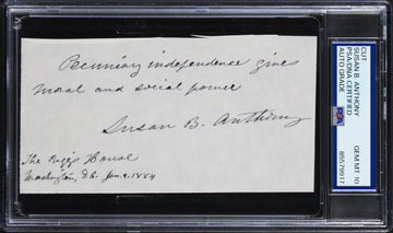 Susan B. Anthony "moral and social power" Signed 2.75x5.5 Cut Auto 10! PSA Slab