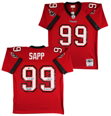 Buccaneers Warren Sapp "3x Insc" Signed Red Mitchell & Ness Jersey BAS Witnessed