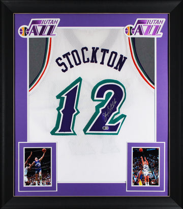 John Stockton Authentic Signed White Pro Style Framed Jersey BAS Witnessed