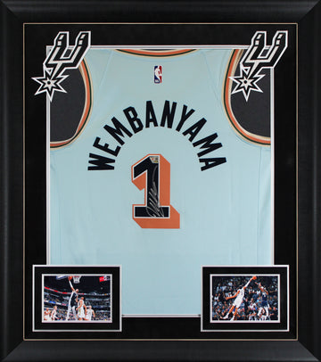Spurs Victor Wembanyama Signed 2024 Blue Nike City Ed. Framed Jersey Fanatics
