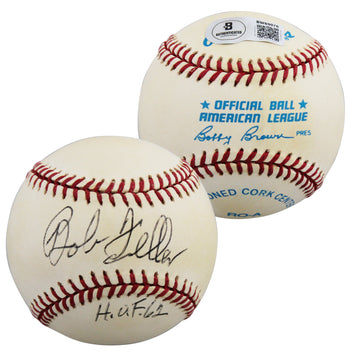 Indians Bob Feller "HOF 62" Authentic Signed Brown OAL Baseball BAS #BW89076