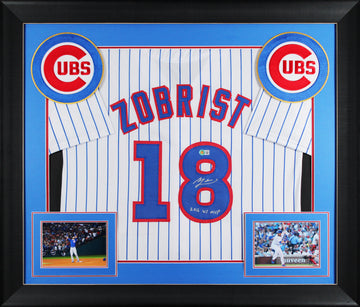 Ben Zobrist "16 WS MVP" Signed White Pinstripe Pro Style Framed Jersey BAS