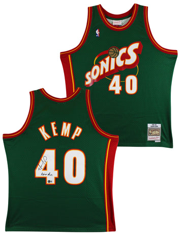 Sonics Shawn Kemp "Reign Man" Signed Green M&N 1995-96 HWC Swingman Jersey BAS W