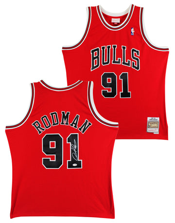 Bulls Dennis Rodman Signed Red Mitchell & Ness HWC Swingman Jersey JSA Witnessed