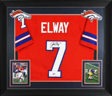 John Elway Signed Orange Throwback Pro Style Framed Jersey BAS Witnessed 2