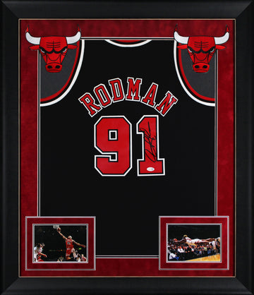 Bulls Dennis Rodman Signed Black M&N HWC Swingman Framed Jersey w/ Black Sig JSA