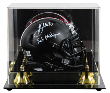 OSU Jack Sawyer "F*** Michigan" Signed Black Speed Mini Helmet W/ Case BAS Wit