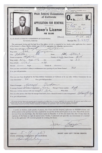 Joe Frazier Authentic Signed 8.5x13 1967 Boxing License Renewal App JSA #ZZ80605