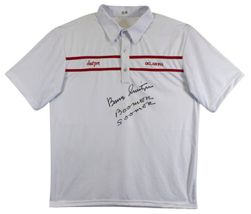 Oklahoma Barry Switzer "Boomer Sooner" Signed White Polo Shirt BAS Witnessed