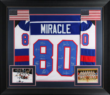 1980 USA Hockey (15) Craig, Eruzione, Broten Signed White Framed Jersey Steiner
